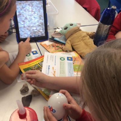 Cedar class looked at a selection of rocks under the Easi-Scope microscopes before we began the task of grouping and classifying them.