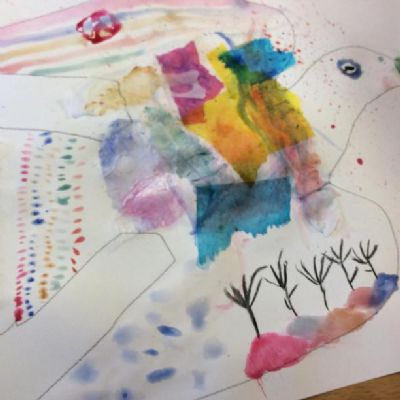 HAWTHORN CLASS - Layer 2, collage with tissue paper, worked into with pastel, pen and more watercolour.