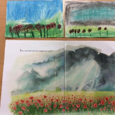 EYFS expressing ideas and feelings about Remembrance. Using artistic effects and smuding chalk pastels to explore the light and dark meaning of colour.