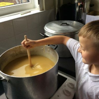 We have made vegetable soup to sell after our harvest assembly in order to raise money for the Bishop's Harvest Fund.